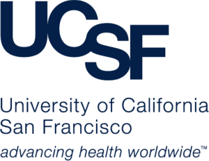A black and blue logo for ucsf.
